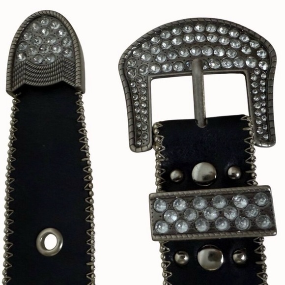 Kathy Van Zeeland Black Western Rhinestone Studded Belt Size Medium Y2K Bling - Picture 4 of 11